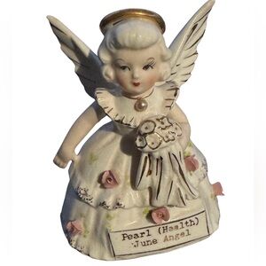 RARE Porcelain Birthday Angel Figurine with Gold Accent and Pink Roses - June